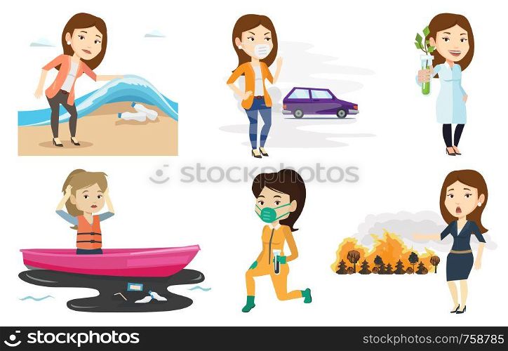 Woman standing on the background of car and wearing mask to reduce the effect of traffic pollution. Concept of toxic air pollution. Set of vector flat design illustrations isolated on white background. Vector set of characters on ecology issues.