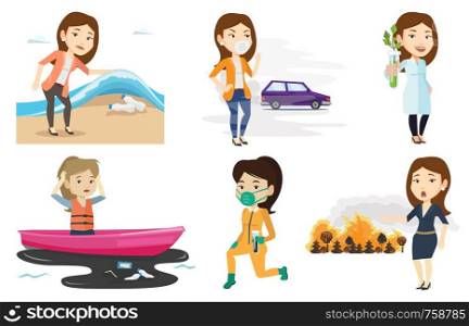 Woman standing on the background of car and wearing mask to reduce the effect of traffic pollution. Concept of toxic air pollution. Set of vector flat design illustrations isolated on white background. Vector set of characters on ecology issues.