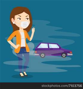 Woman standing on the background of car with traffic fumes. Woman wearing mask to reduce the effect of traffic pollution. Concept of toxic air pollution. Vector flat design illustration. Square layout. Air pollution from vehicle exhaust.