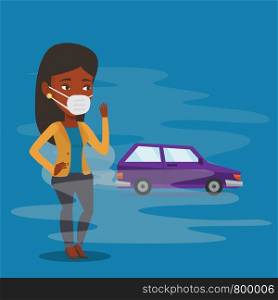 Woman standing on the background of car with traffic fumes. Woman wearing mask to reduce the effect of traffic pollution. Concept of toxic air pollution. Vector flat design illustration. Square layout. Air pollution from vehicle exhaust.