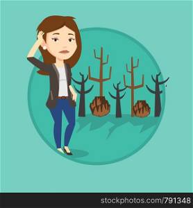 Woman standing on the background of dead forest. Dead forest caused by global warming or wildfire. Environmental destruction concept. Vector flat design illustration in circle isolated on background.. Forest destroyed by fire or global warming.