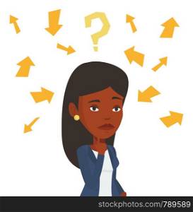Woman standing under question mark and arrows. Business woman thinking. Thoughtful businesswoman surrounded by question mark and arrows. Vector flat design illustration isolated on white background.. Young business woman thinking vector illustration.