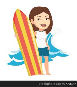 Woman standing with a surfboard on the beach. Professional surfer with a surfboard at the beach. Surfer standing on the background of wave. Vector flat design illustration isolated on white background. Surfer holding surfboard vector illustration.