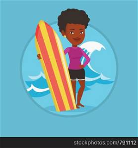 Woman standing with a surfboard on the beach. Surfer with a surf board on the beach. Surfer standing on the background of sea wave. Vector flat design illustration in the circle isolated on background. Surfer holding surfboard vector illustration.