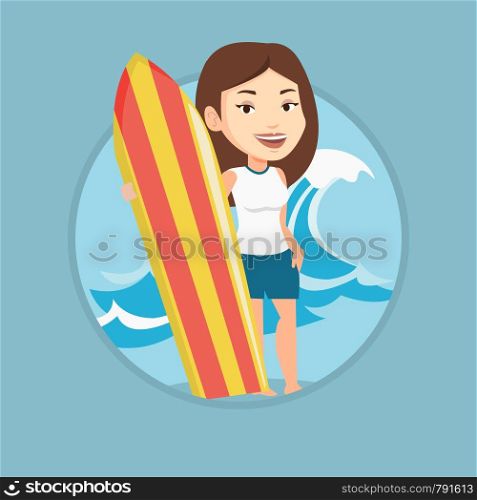 Woman standing with a surfboard on the beach. Surfer with a surf board on the beach. Surfer standing on the background of sea wave. Vector flat design illustration in the circle isolated on background. Surfer holding surfboard vector illustration.