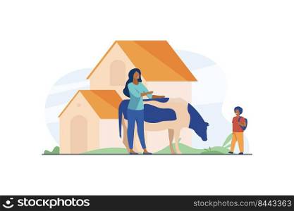 Woman standing with cow and boy going to her. Cattle, livestock, kid flat vector illustration. Rural animals and farm concept for banner, website design or landing web page