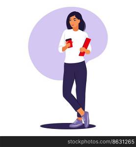 Woman standing with cup coffee and laptop. Office worker or remote job concept. Vector illustration. Flat.