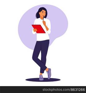Woman standing with folder. Office worker or remote job concept. Vector illustration. Flat.
