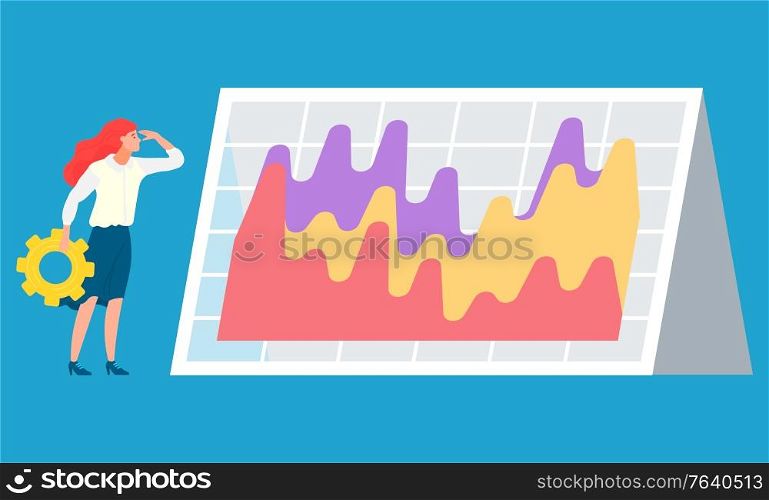 Woman standing with gearwheel near statistics chart and looking on it. Graphs on board. Business tools for innovations and cooperation. Vector illustration flat style. Woman Standing near Statistics Chart, Data Graph