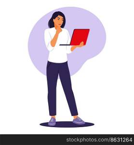 Woman standing with laptop. Office worker, remote job concept. Vector illustration. Flat.