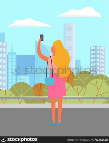 Woman standing with phone on street, female character in casual clothes holding smartphone, skyscraper view. Lady walking with mobile in city. Vector illustration in flat cartoon style. Lady with Smartphone in City, Technology Vector
