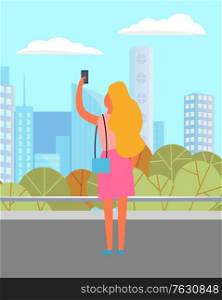 Woman standing with phone on street, female character in casual clothes holding smartphone, skyscraper view. Lady walking with mobile in city. Vector illustration in flat cartoon style. Lady with Smartphone in City, Technology Vector