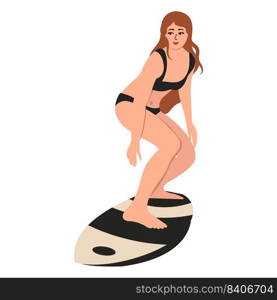 woman stands on a surfboard, isolated