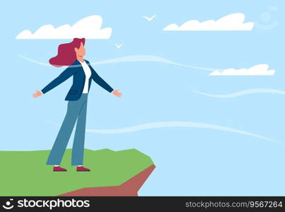 Woman stands on hilltop and breathes in fresh air and feels happy. Breathe meditation. Harmony lifestyle. Mental health. Calm character. Cartoon flat style isolated illustration. Vector concept. Woman stands on hilltop and breathes in fresh air and feels happy. Breathe meditation. Harmony lifestyle. Mental health. Calm character. Cartoon flat style isolated vector concept