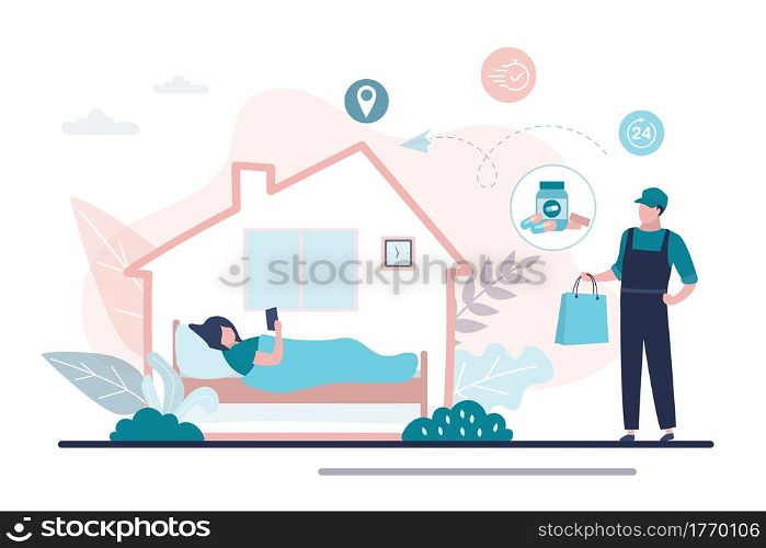 Woman stay at home, sick girl lies in bed. Free medication delivery. Online pharmacy, delivery man hold bag with medical drugs. Internet drugstore. Healthcare banner. Flat vector illustration. Woman stay at home, sick girl lies in bed. Free medication delivery. Online pharmacy, delivery man hold bag with medical drugs.