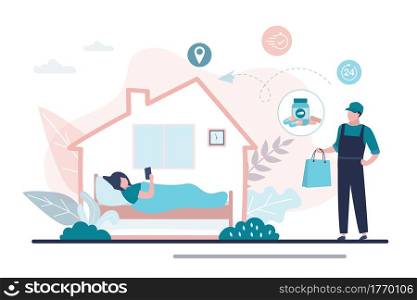Woman stay at home, sick girl lies in bed. Free medication delivery. Online pharmacy, delivery man hold bag with medical drugs. Internet drugstore. Healthcare banner. Flat vector illustration. Woman stay at home, sick girl lies in bed. Free medication delivery. Online pharmacy, delivery man hold bag with medical drugs.