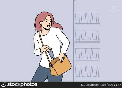 Woman stealing beauty product from shelf in shop. Suspicious female shoplifting in cosmetics store or boutique. Kleptomania. Vector illustration. . Woman stealing in beauty shop 