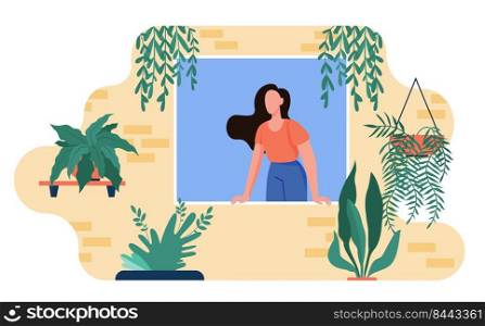 Woman sticking out from window with home plants. Houseplants, greenhouse, eco interior flat vector illustration. Household, housecleaning concept for banner, website design or landing web page