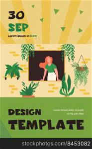 Woman sticking out from window with home plants. Houseplants, greenhouse, eco interior flat vector illustration. Household, housecleaning concept for banner, website design or landing web page