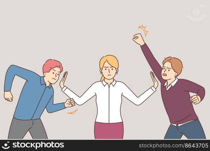 Woman stop aggressive mad men ready for fight. Female separate furious male colleague in quarrel before battle. Office crisis. Vector illustration. . Woman stop aggressive men before fight 