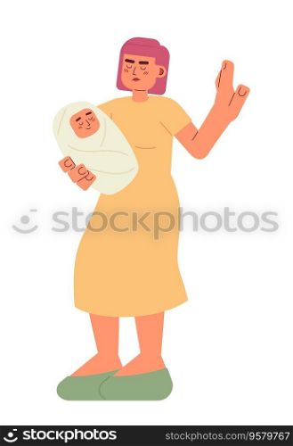 Woman stop gesture semi flat color vector character. Asian mother holding baby. Editable full body person on white. Simple cartoon spot illustration for web graphic design. Woman stop gesture semi flat color vector character