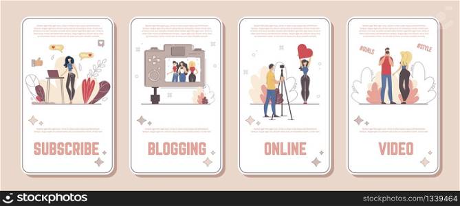 Woman Streamer, Beauty Model Blog, Video Content Creator Channel Advertising Banners, Promotion Posters Set. Blogging People, Man and Woman Streaming Video Online Trendy Flat Vector Illustration