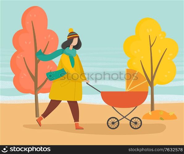 Woman strolling with baby pram in autumn park. Mother taking care about her child in orange carriage. Walking in forest, wood or lawn. Trees with yellow leaves and foliage, fall weather illustration. Mother Walking with Baby in Pram in Autumn Park