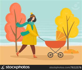 Woman strolling with baby pram in autumn park. Mother taking care about her child in orange carriage. Walking in forest, wood or lawn. Trees with yellow leaves and foliage, fall weather illustration. Mother Walking with Baby in Pram in Autumn Park