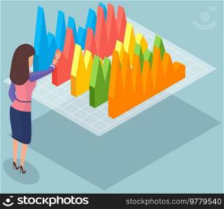 Woman studies business finance analytics, chart graphic report web infographic vector. Business statistics and data analysis. Female employee works with statistical indicators, graphs, diagrams. Female employee works with statistical indicators. Woman studies business finance data, charts