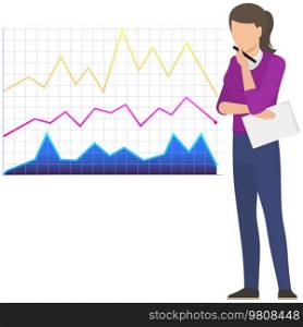 Woman studies statistics on presentation. Female character while working or studying with report. Girl working and analyzing financial statistics. Female marketer examines information about metrics. Woman studies statistics on presentation. Female character while working or studying with report
