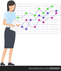 Woman studies statistics on presentation. Female character while working or studying with report. Girl working and analyzing financial statistics. Female marketer examines information about metrics. Woman studies statistics on presentation. Female character while working or studying with report