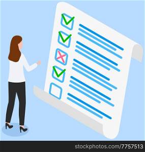 Woman studying questionnaire. Female character checks and grades test. Exam assessment concept. Cartoon character standing near big checklist and summarizing results. Girl studies form with answers. Woman studying questionnaire. Female character checks and grades test. Exam assessment concept
