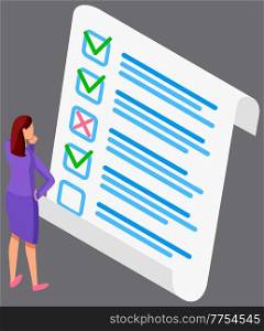 Woman studying questionnaire. Female character checks and grades test. Online business survey concept. Businesswoman standing near big checklist and summarizing results. Girl studies form with answers. Businesswoman standing near big checklist and summarizing results. Online business survey concept