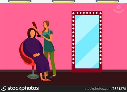 Woman stylist using hair dryer making client haircut in front of mirror in hairdressing salon. Hairstyle changes and new style of lady sitting in chair vector. Woman Stylist Using Hair Dryer Make Client Haircut