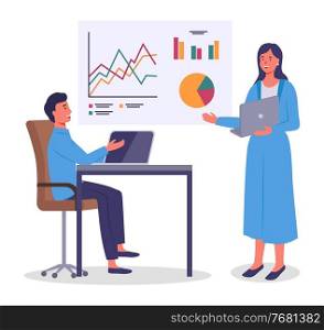 Woman submits a progress report. Character standing at big presentational board, holding laptop. Girl presenting board with data and statistical information to man sitting at a table with computer. Girl presenting board with data and statistical information to man sitting at a table with laptop