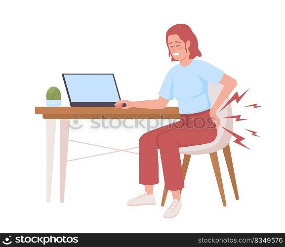 Woman suffering from backache after sitting all day semi flat color vector character. Editable figure. Full body person on white. Simple cartoon style illustration for web graphic design and animation. Woman suffering from backache after sitting all day semi flat color vector character