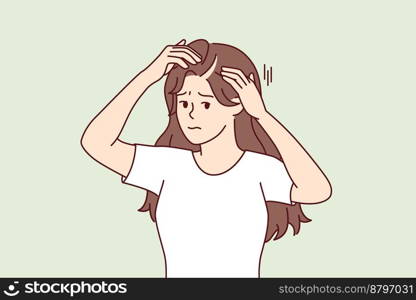 Woman suffering from hair loss touching head looking at scar through mirror. Girl with sad face looks at camera demonstrating problem area in hair needs help of beautician. Flat vector image. Woman suffering from hair loss touching head looking at scar through mirror. Vector image
