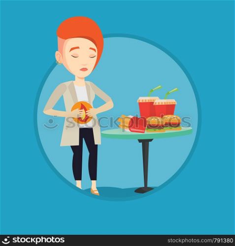 Woman suffering from heartburn. Caucasian sad woman having stomach ache from heartburn. Woman having stomach ache after fast food. Vector flat design illustration in the circle isolated on background.. Woman suffering from heartburn vector illustration