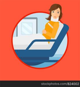 Woman suffering from neck pain. Young woman with neck injury lying in bed in hospital ward. Woman with neck brace at hospital. Vector flat design illustration in the circle isolated on background.. Woman with neck injury.