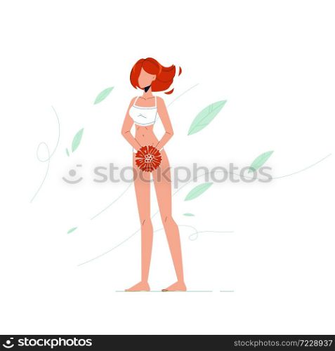 Woman Suffering Menstruation Stomach Ache Vector. Young Girl Menstruation Abdominal Pain, Menstrual Syndrome And Change Behavior. Character With Premenstrual Symptom Flat Cartoon Illustration. Woman Suffering Menstruation Stomach Ache Vector