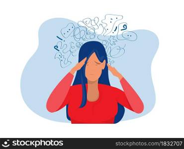 woman suffers from obsessive thoughts, headache, unresolved issues, psychological trauma, depression.Mental stress panic mind disorder illustration Flat vector illustration.