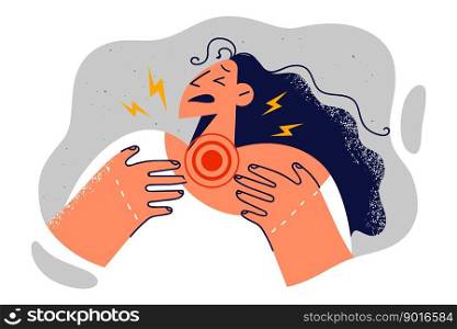 Woman suffers from sore throat marked with red dot after contracting viral infection or dangerous disease. Girl with neck pain with flu symptoms needs doctor help or taking antibiotics. Woman suffers from sore throat marked with red dot after contracting viral infection or disease