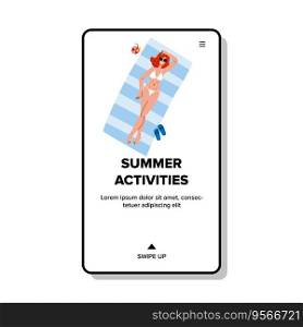 woman summer activities vector. travel fun, couple healthy, lifestyle beach woman summer activities web flat cartoon illustration. woman summer activities vector