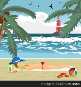 Woman sunbathes on the beach on sand. Sea landscape summer beach, lighthouse in the distance. View with palm trees on a beach in summer vacation.Vector flat cartoon illustration