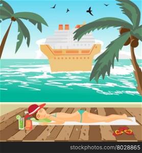 Woman sunbathes on the beach on wooden floor. Sea landscape summer beach, cruise ship in the distance. View with palm trees on a beach in summer vacation.Vector flat cartoon illustration