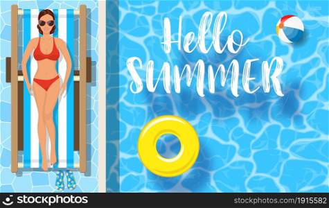 Woman sunbathing near the swimming pool. Summer vacation concept. Top view of young girl. Vector illustration in flat style. Woman sunbathing near the swimming pool.