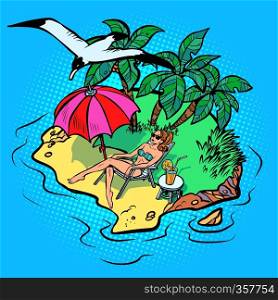 woman sunbathing on a tropical island. Comic cartoon pop art vector retro vintage drawing. woman sunbathing on a tropical island