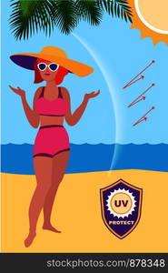 Woman sunscreen protect concept banner. Cartoon illustration of woman sunscreen protect vector concept banner for web design. Woman sunscreen protect concept banner, cartoon style