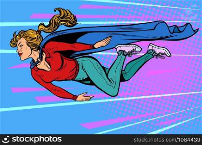 woman superhero flies. female power. pop art retro vector illustration kitsch vintage drawing 50s 60s. woman superhero flies. female power