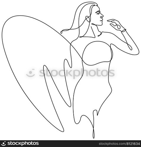 woman surfer and surfboard pose action summer sport concept line art illustratiion. Continuous line drawing and contour art vector.